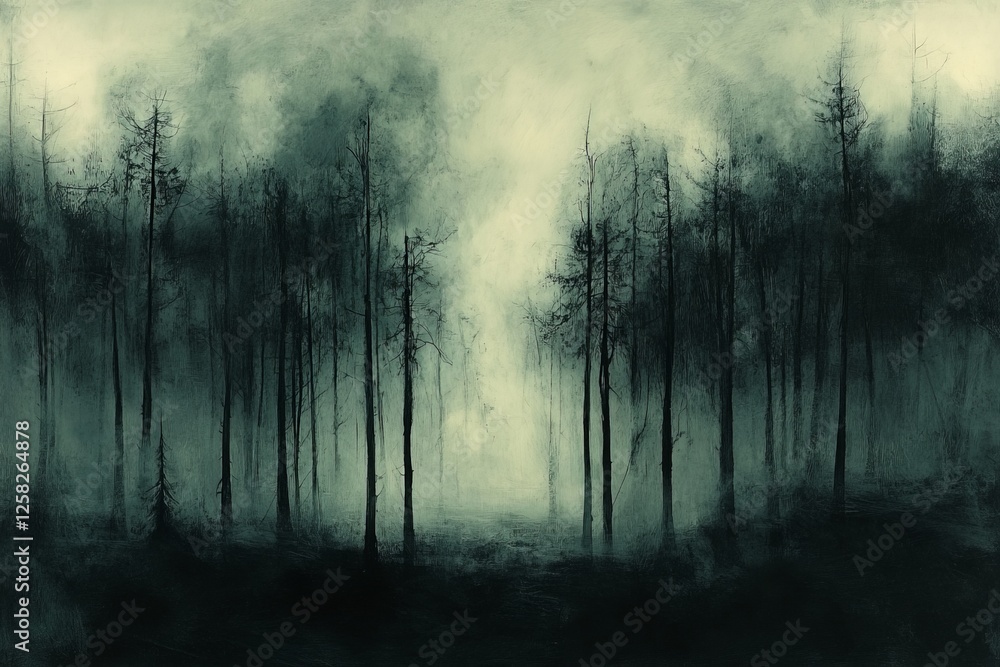 Mysterious forest landscape enveloped in fog with dark trees and ethereal lighting at dusk Mysterious forest landscape enveloped in fog with dark trees and ethereal lighting at dusk