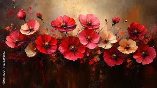 Vibrant bouquet of red and pink flowers against a warm abstract background with soft textures