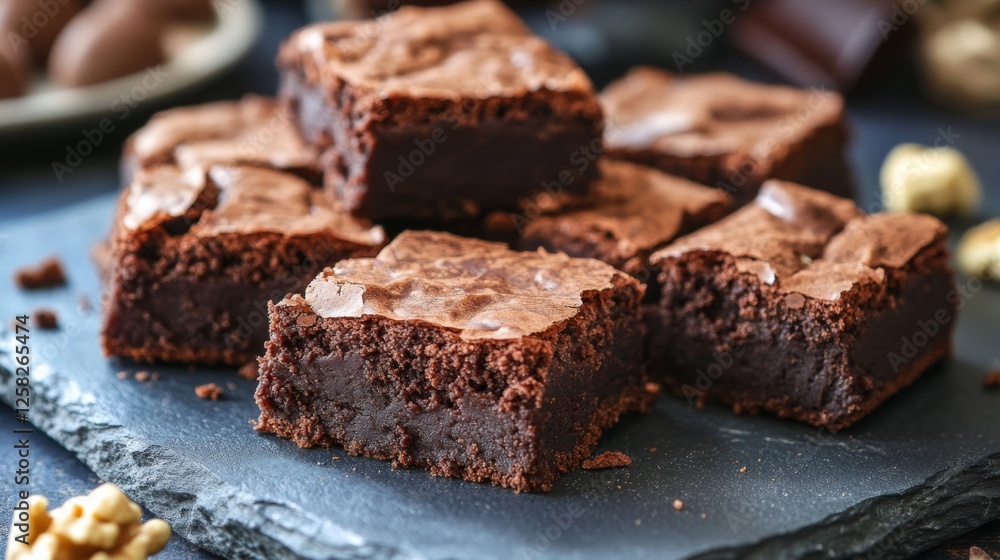 Delicious Fudgy Brownies on Dark Slate with Nuts and Chocolate Delicious Fudgy Brownies on Dark Slate with Nuts and Chocolate