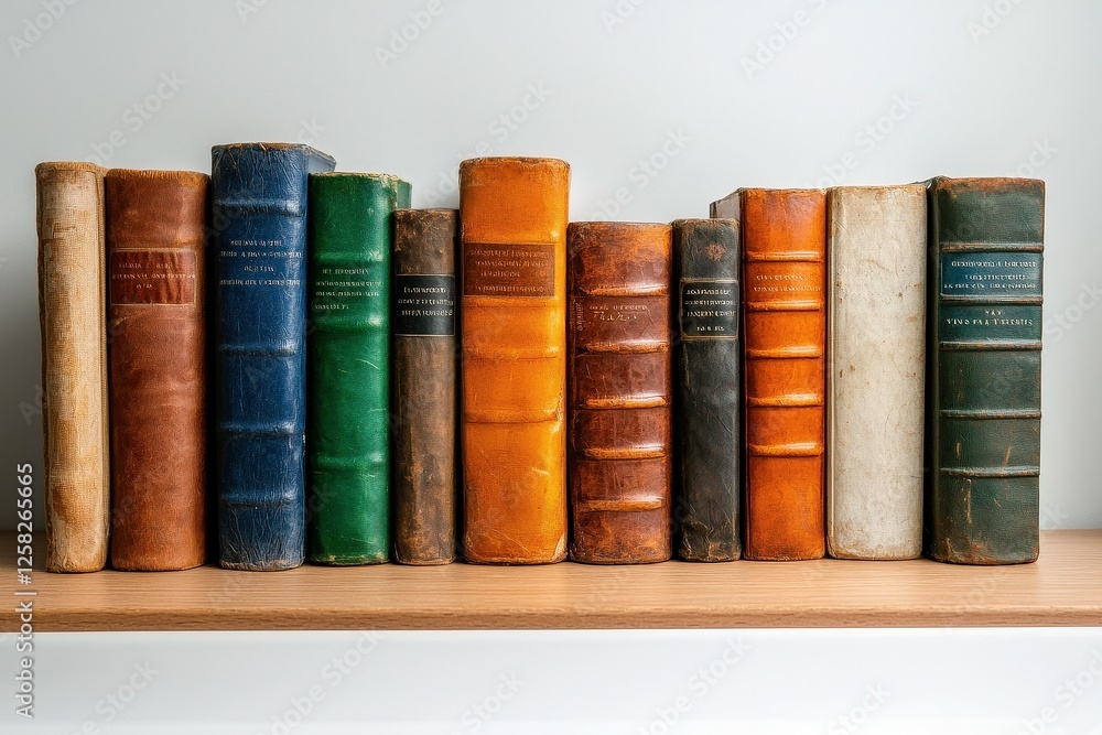 collection of antique books with leather covers is neatly arranged wooden shelf, showcasing variety of colors and textures. books are aligned side by side, creating vintage and scholarly collection of antique books with leather covers is neatly arranged wooden shelf, showcasing variety of colors and textures. books are aligned side by side, creating vintage and scholarly