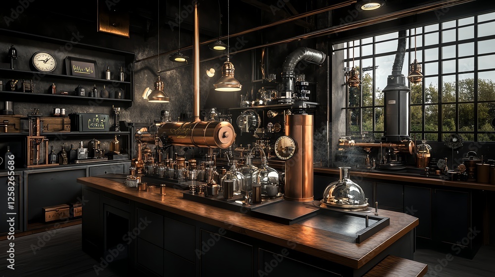 Victorian laboratory with copper and brass machinery, 3D illustration Victorian laboratory with copper and brass machinery, 3D illustration