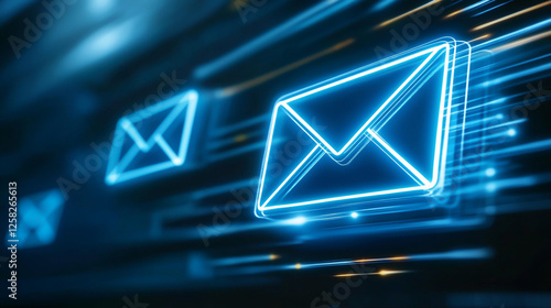 Futuristic email symbols glowing in blue with motion effect, symbolizing communication.