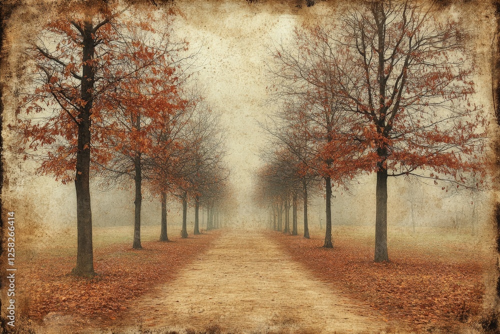 Obraz premium Path lined with bare trees and autumn leaves in a foggy landscape during early morning hours