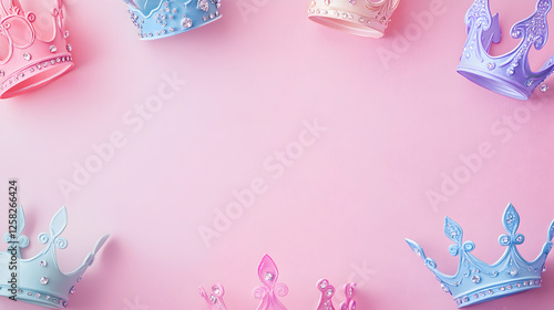 un fondo rosa claro con espacio de copia con coronas coloridas alrededor para invitacion o diseño de tarjeta infantil para niñas decorativas