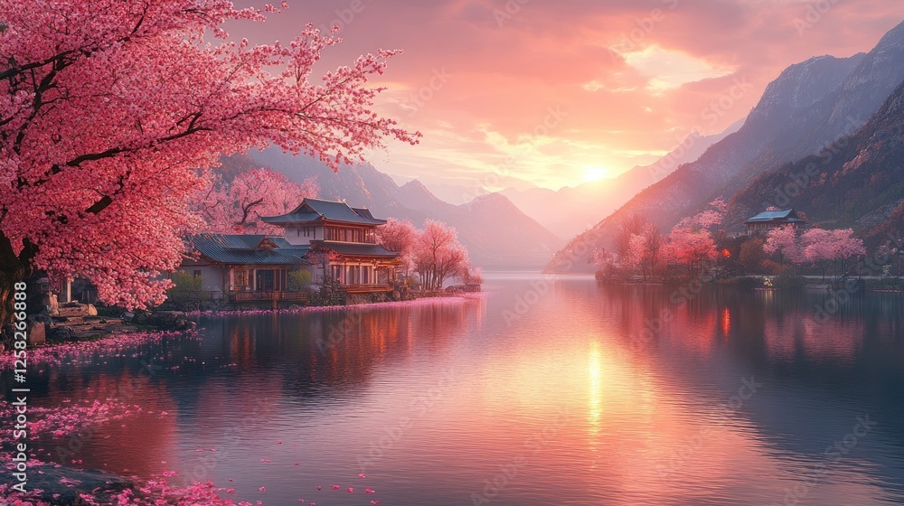 Fototapeta premium Serene sunset over a tranquil lake surrounded by cherry blossoms and mountains in spring
