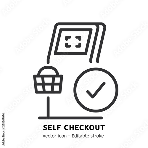 Self-service checkout line icon. Supermarket, grocery store with automated self-checkout terminal. Contactless payment, cashless paying, checkout self service flat outline icon. Editable stroke