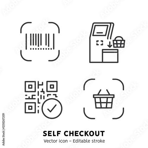 Self-service checkout line icons set. Supermarket, grocery store with automated self-checkout terminal. Contactless payment, cashless paying, checkout self service flat outline icons. Editable stroke