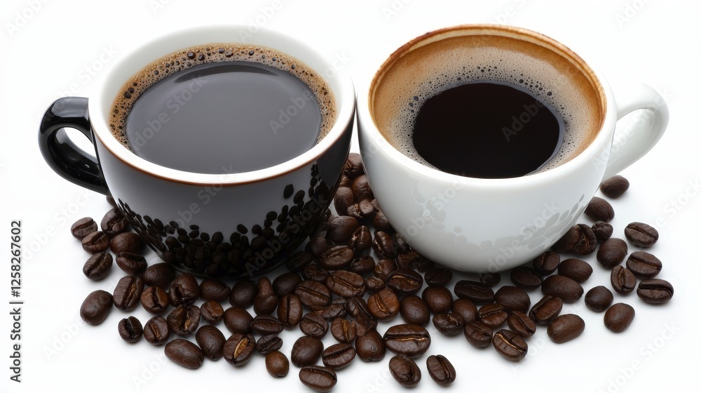 Aromatic Coffee Cups with Dark Beans on White Background Aromatic Coffee Cups with Dark Beans on White Background