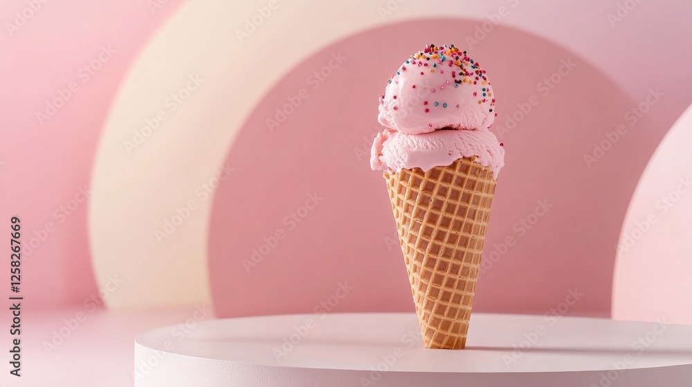 Delicious Pink Ice Cream Cone with Colorful Sprinkles Display Delicious Pink Ice Cream Cone with Colorful Sprinkles Display