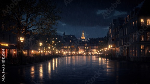 Rainy Night Canal Cityscape, Europe, Romantic Ambiance, Web Design