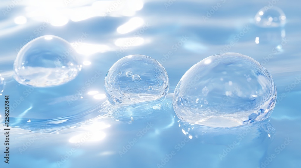 Sparkling water bubbles on blue surface, sunlight reflection Sparkling water bubbles on blue surface, sunlight reflection