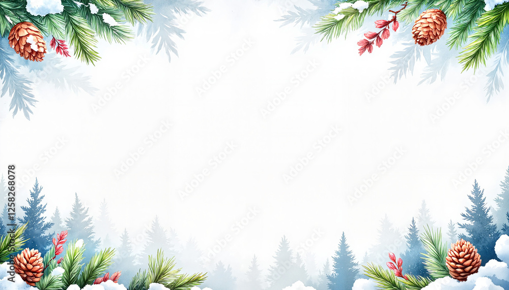 Elegant wedding border with pinecones and evergreen sprigs, winter charm, copy space, Elegant wedding border with pinecones and evergreen sprigs, winter charm, copy space,