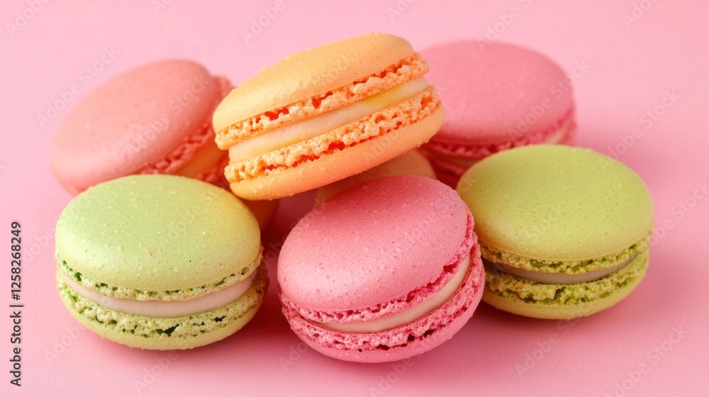 Colorful macarons on pink background, sweet treat, dessert, food photography Colorful macarons on pink background, sweet treat, dessert, food photography