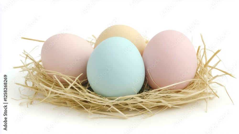 Pastel colored easter eggs resting in a nest of straw