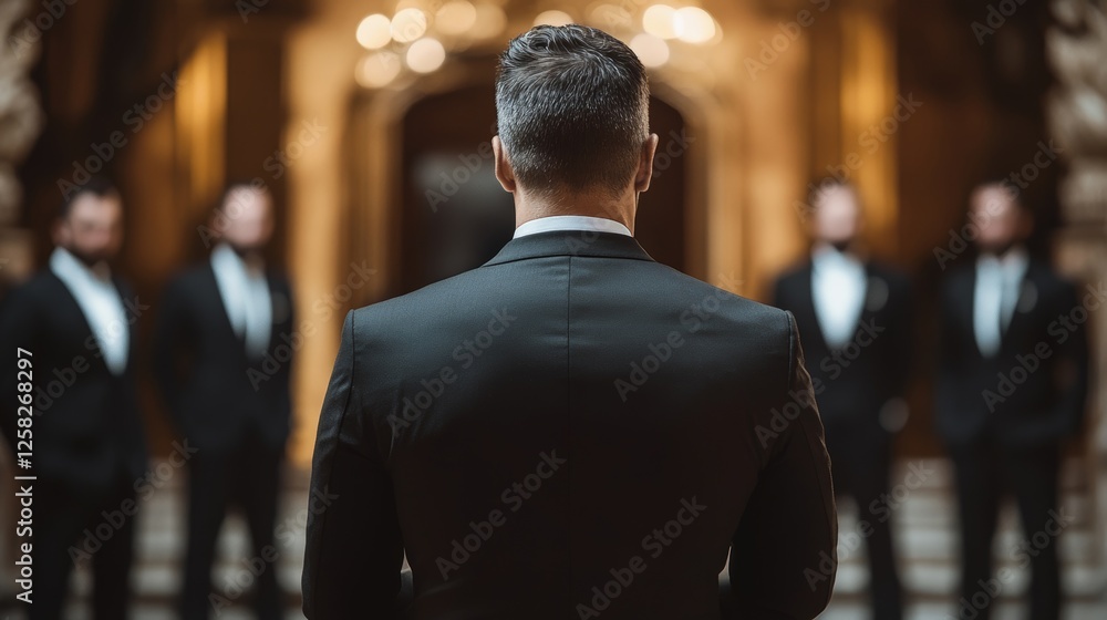 Fototapeta premium Professional security guard overseeing event safety with his team of bodyguards