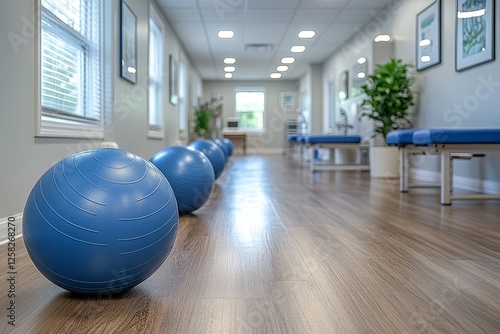 Exercise balls in clinic hallway; therapy; wellness