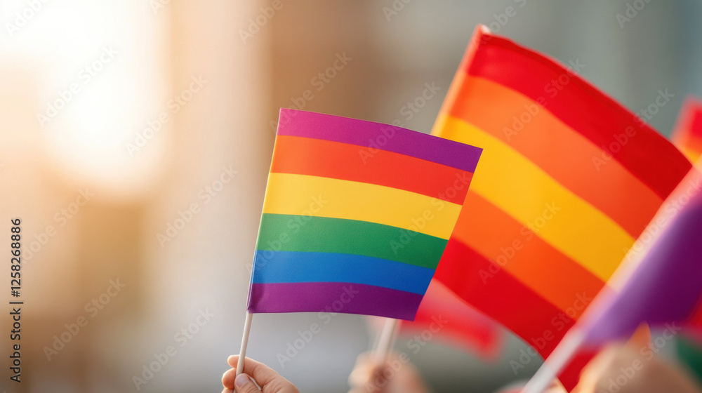 Fototapeta premium Colorful rainbow flags waving in sunlight, symbolizing LGBTQ+ pride and inclusivity. vibrant scene celebrates diversity and equality. Pride month health awareness concept