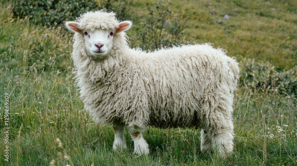 Fototapeta premium A fluffy white lamb standing in a green meadow.