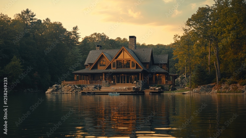Lakeside log cabin sunset; tranquil forest; luxury real estate Lakeside log cabin sunset; tranquil forest; luxury real estate