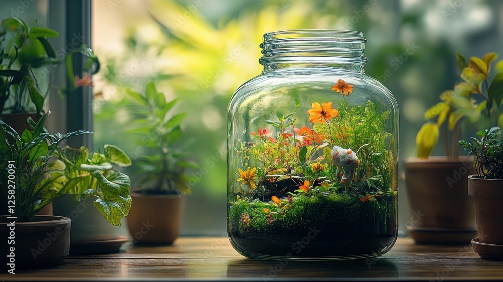 Windowsill terrarium, miniature garden, glass jar, plants, flowers, sunlight, home decor, hobby Windowsill terrarium, miniature garden, glass jar, plants, flowers, sunlight, home decor, hobby