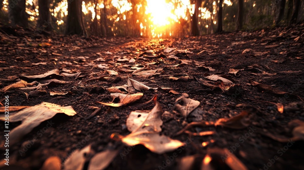 Sunset path, leaf-strewn forest ground, golden hour, nature, tranquility Sunset path, leaf-strewn forest ground, golden hour, nature, tranquility