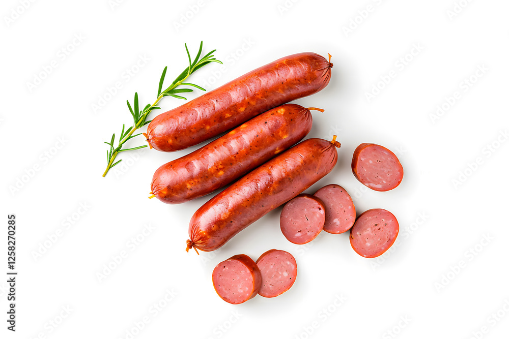 Sliced smoked sausage isolated on white background Sliced smoked sausage isolated on white background