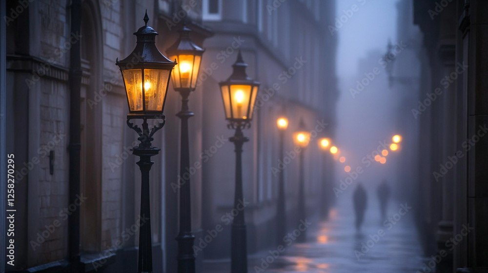 Mysterious evening stroll along a foggy street lined with vintage street lamps Mysterious evening stroll along a foggy street lined with vintage street lamps