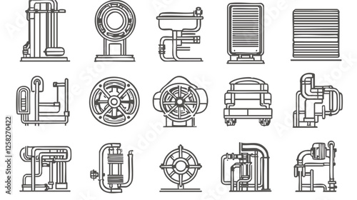 Vector Outline Set of HVAC Components and Systems