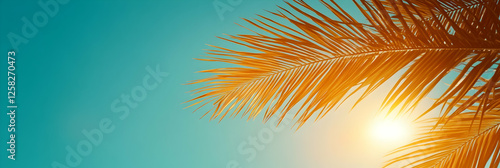 Golden Palm Fronds in Sunny Sky, Tropical Paradise, Basking in Warm Sunlight, Peaceful and Serene Vista.