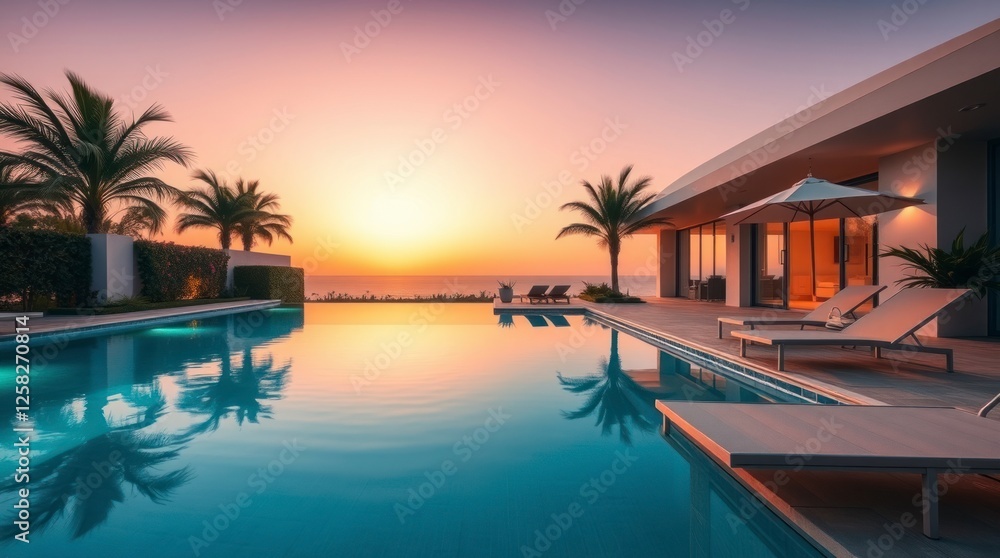 Obraz premium Luxury Sunset Pool Villa Ocean View Tropical Escape