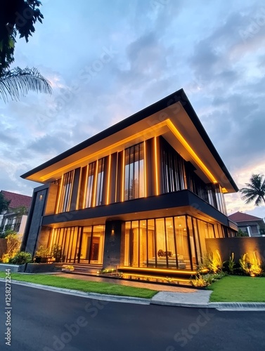 Modern architectural design of a luxurious house illuminated at dusk with palm trees nearby