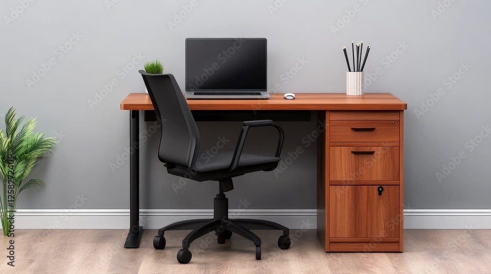 Modern home office setup featuring a wooden desk, ergonomic chair, and computer against a neutral wall Modern home office setup featuring a wooden desk, ergonomic chair, and computer against a neutral wall