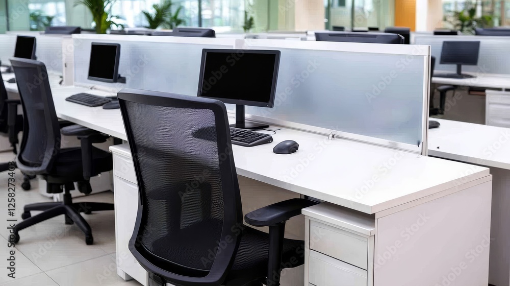 Modern office workspace featuring empty desks with computers, ergonomic chairs, and natural lighting Modern office workspace featuring empty desks with computers, ergonomic chairs, and natural lighting