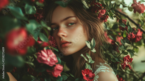 Young woman surrounded by vibrant flowers in a serene garden setting during springtime