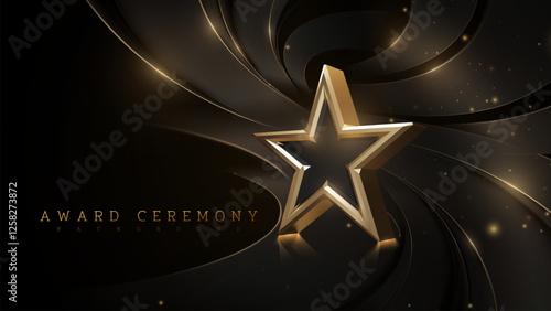 Award ceremony background template with 3D gold stars and black ribbons decorated with a shimmering glow effect, black luxury background.