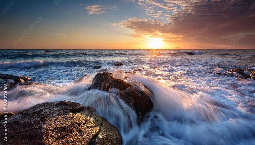 Obraz premium sea waves flowing line splash over rock on the seaside seascape earlier than sunrise