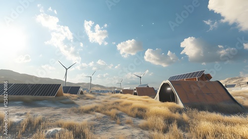 Farm's solar power station with rows of panels harnessing clean energy photo