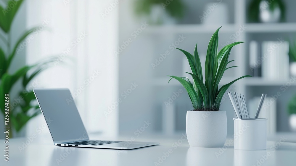 Fototapeta premium Minimalist workspace with laptop and indoor plant