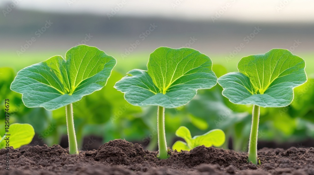 Naklejka premium Young plants growing in field, sunrise