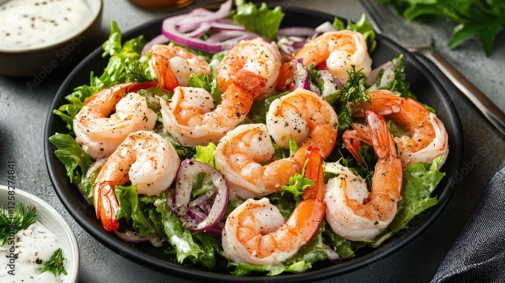 Delightful shrimp and salmon salad with creamy mayonnaise dressing, served in a minimalist modern setting. Delightful shrimp and salmon salad with creamy mayonnaise dressing, served in a minimalist modern setting.
