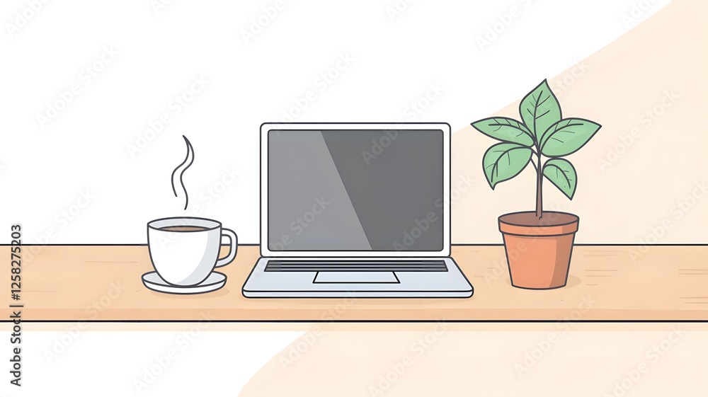 Fototapeta premium Laptop life blooms with coffee and a small plant in the office, kitchen, and beyond
