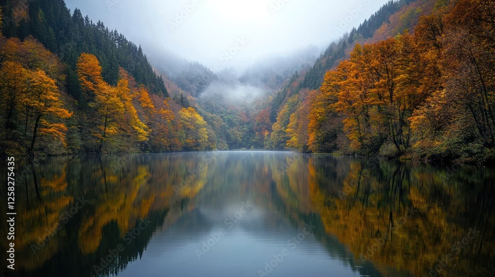 Fototapeta premium A calm lake surrounded by forested hills.