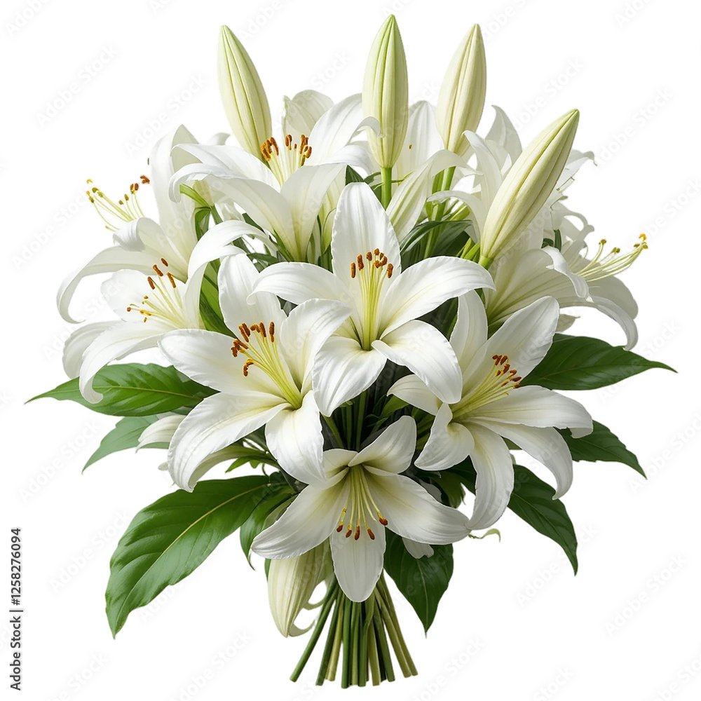 Fototapeta premium Close-up of a beautiful bouquet of white lilies against a transparent background.