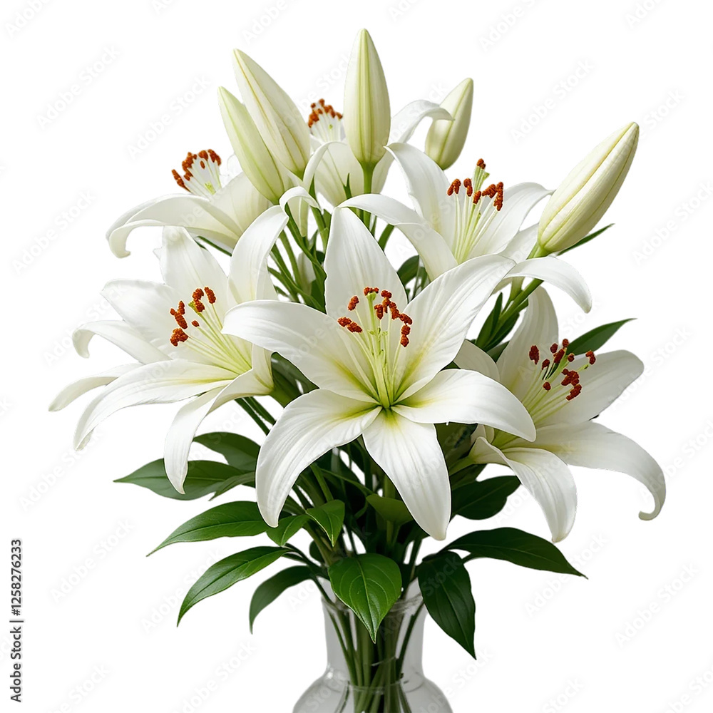 Fototapeta premium Close-up of a beautiful bouquet of white lilies against a transparent background.
