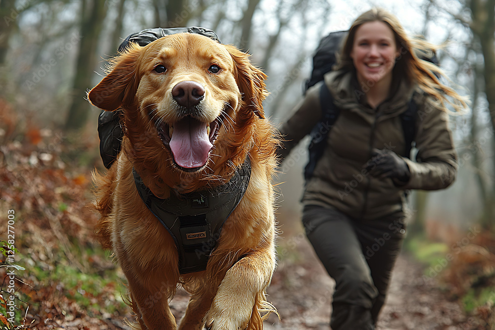 Happy Golden Retriever dog running in forest with owner, wearing harness. Perfect for adventure, pet, and nature themes. Highquality image for websites, blogs, and social media. Happy Golden Retriever dog running in forest with owner, wearing harness. Perfect for adventure, pet, and nature themes. Highquality image for websites, blogs, and social media.