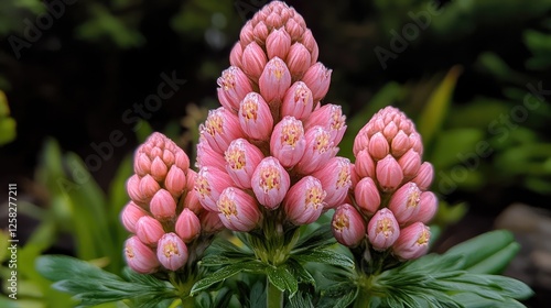 Close-up of three pink flower clusters in a garden setting photo