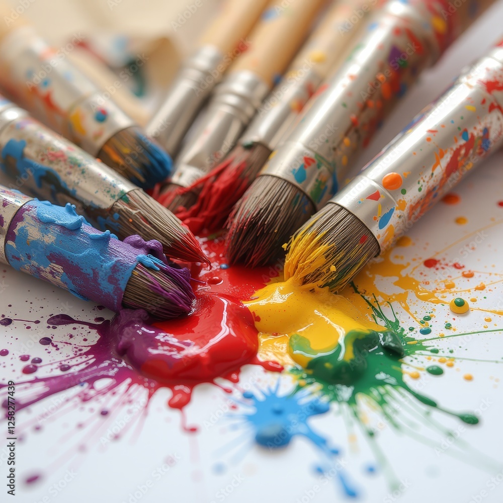 Fototapeta premium An array of colorful paintbrushes with vibrant splashes of paint on a white background symbolizing the diversity and creativity of artistic tools