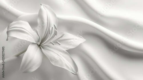 A delicate white lily rests gracefully on soft, flowing white fabric, creating an elegant and serene atmosphere perfect for various design projects.