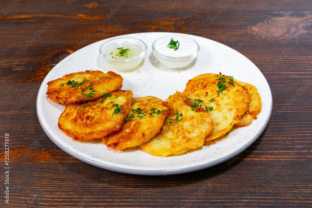 Crispy potato pancakes served with sour cream on a wooden table Savory vegetable pie served with fresh garnishes Crispy potato pancakes served with sour cream on a wooden table Savory vegetable pie served with fresh garnishes