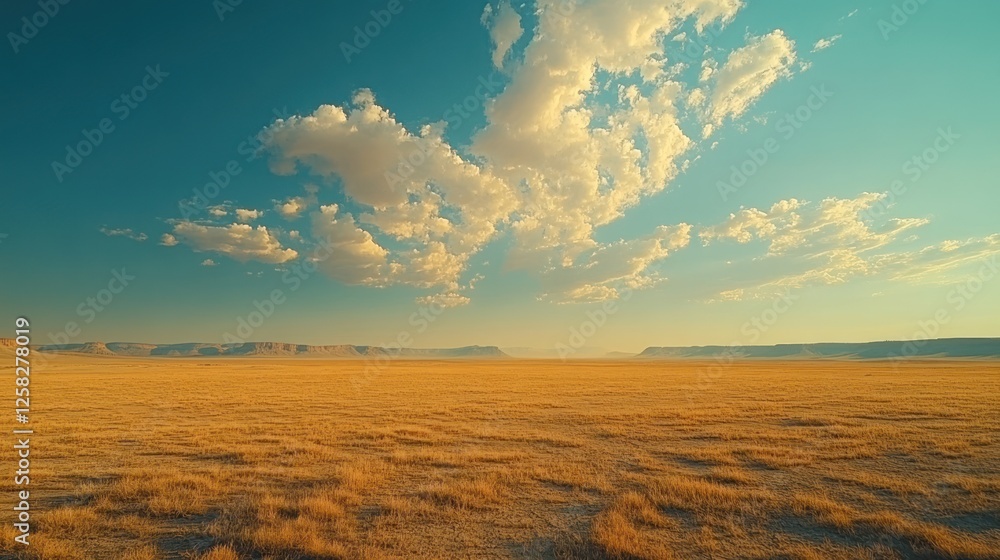 Golden desert landscape, sunset sky, distant mountains, travel brochure Golden desert landscape, sunset sky, distant mountains, travel brochure